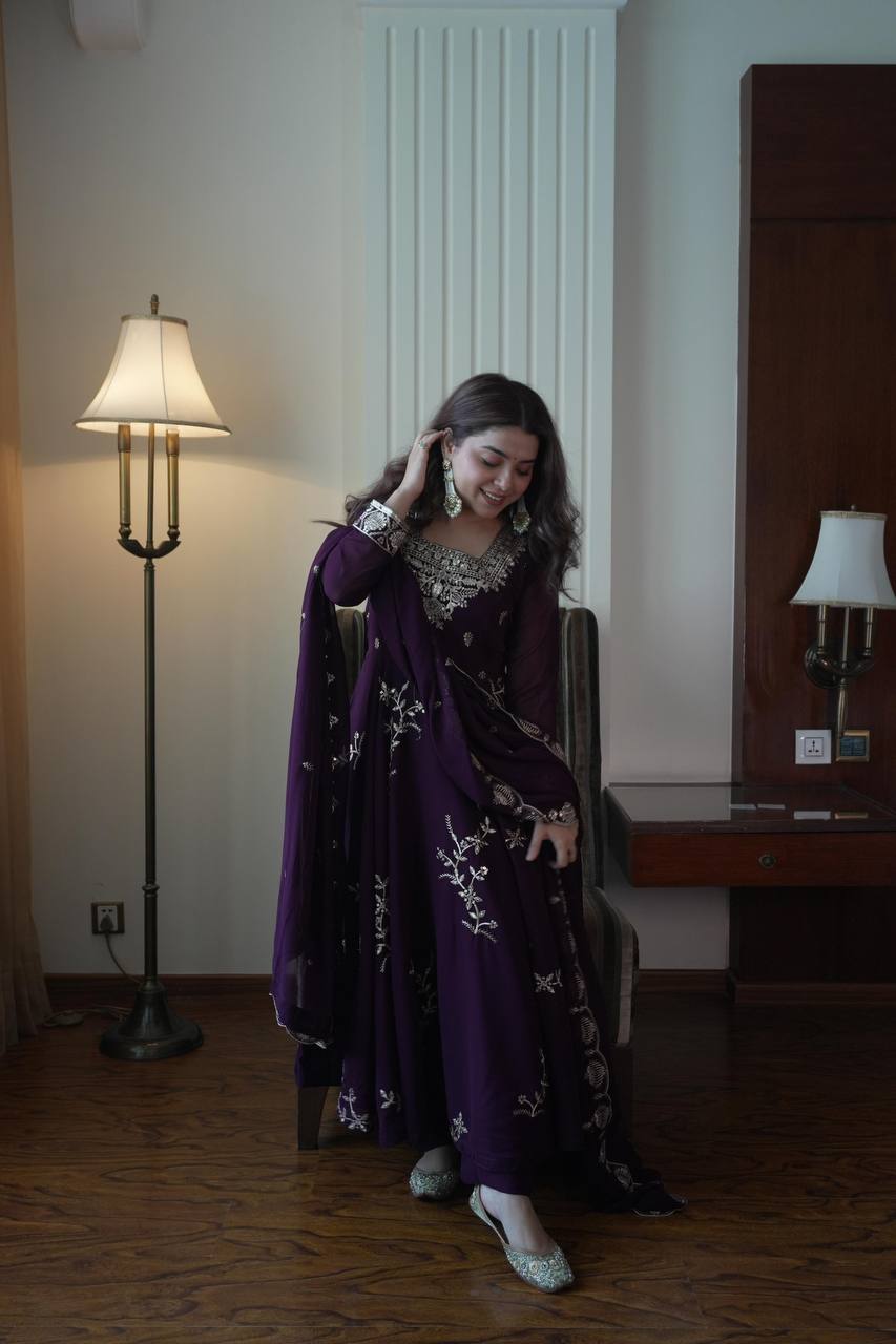 Georgette Embroidered Anarkali Kurti Pant & Dupatta Set