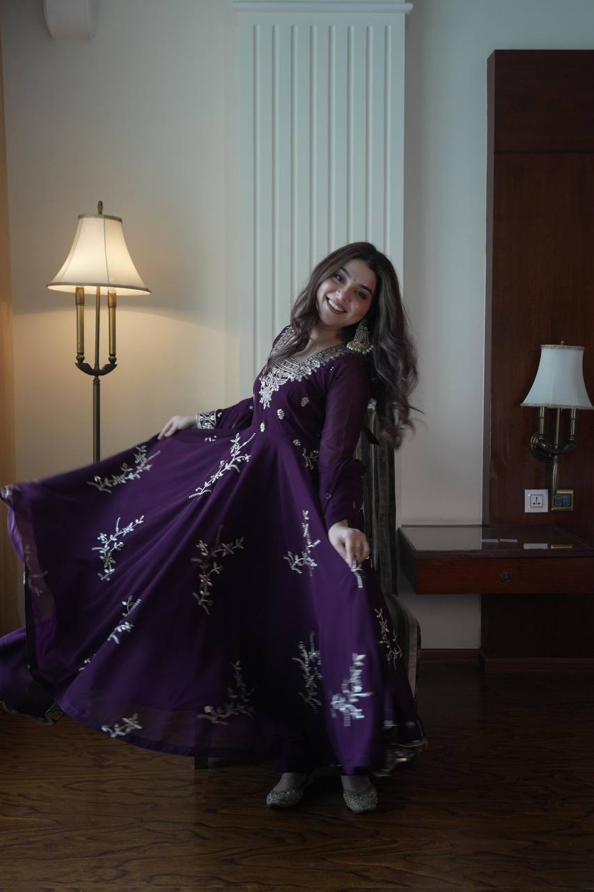 Georgette Embroidered Anarkali Kurti Pant & Dupatta Set