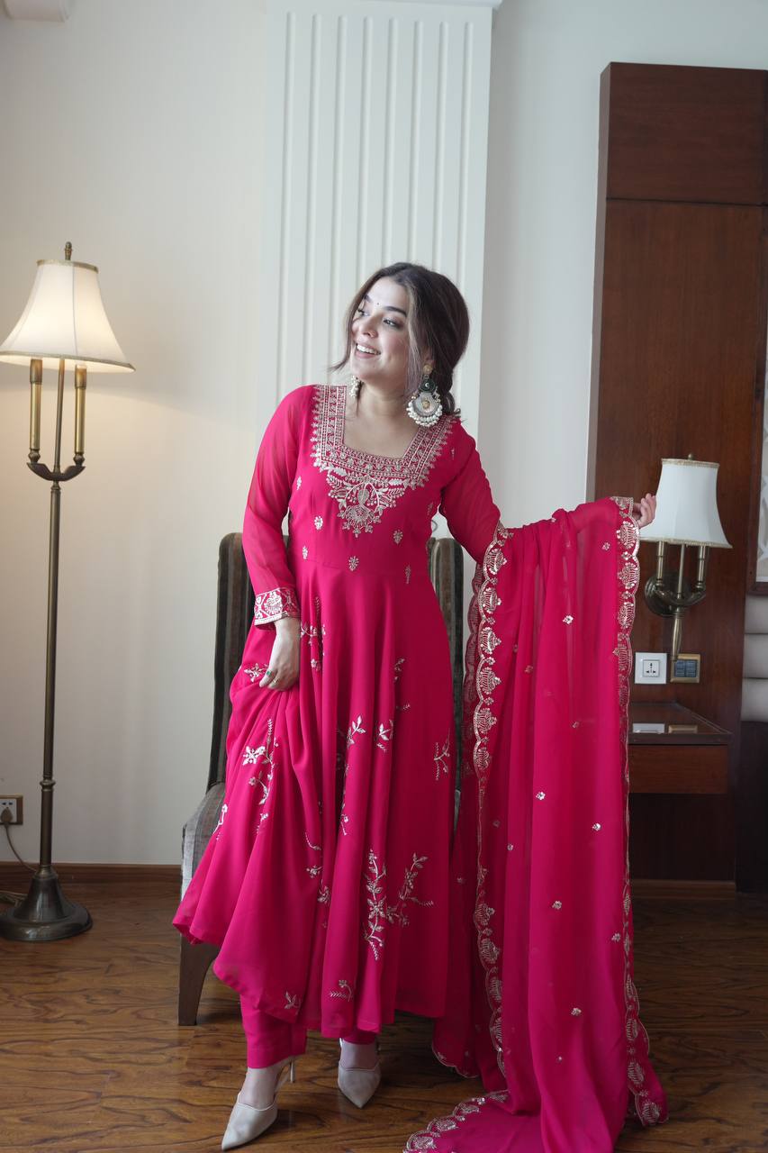 Georgette Embroidered Anarkali Kurti Pant & Dupatta Set