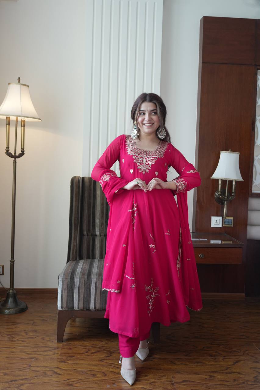 Georgette Embroidered Anarkali Kurti Pant & Dupatta Set