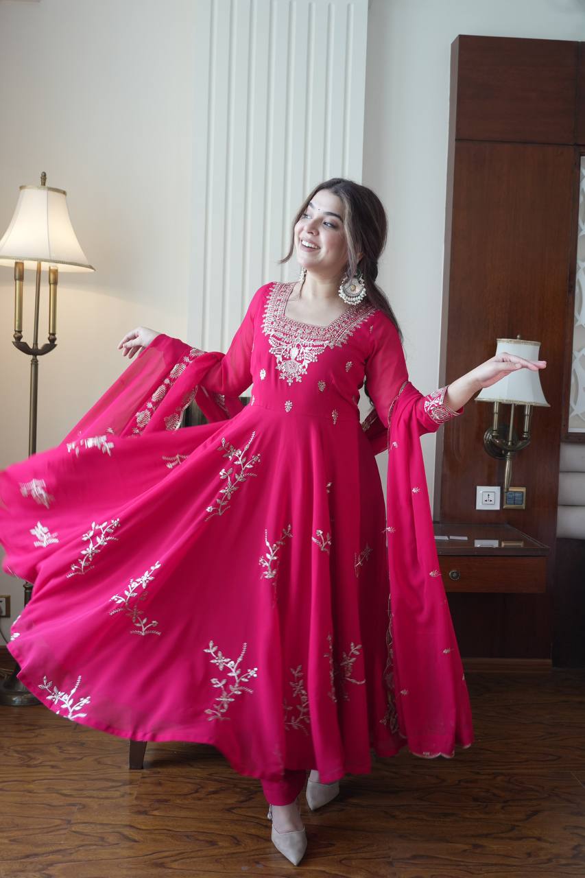 Georgette Embroidered Anarkali Kurti Pant & Dupatta Set