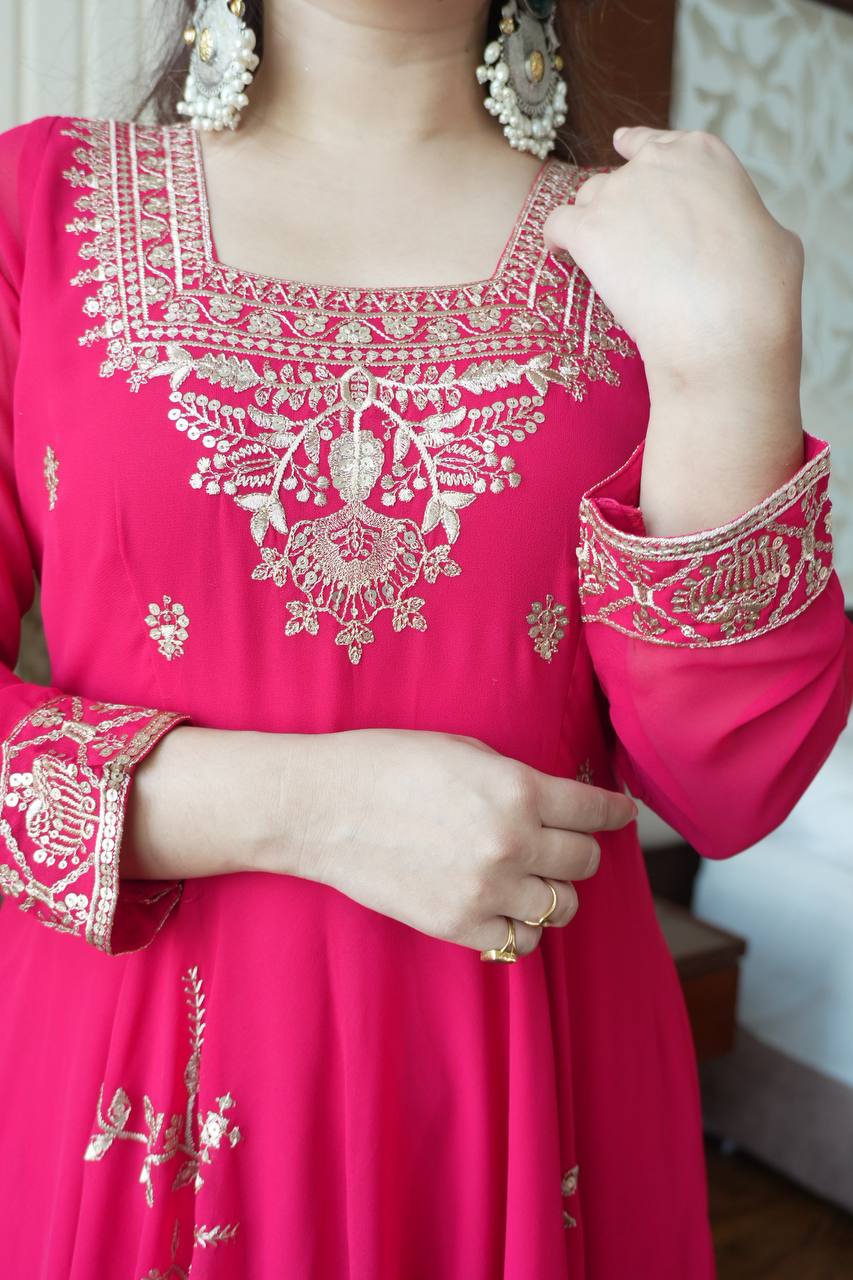 Georgette Embroidered Anarkali Kurti Pant & Dupatta Set