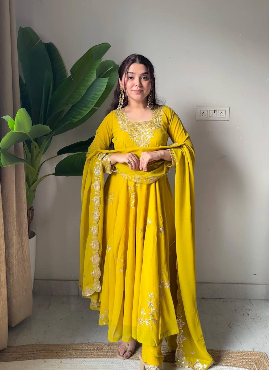 Georgette Embroidered Anarkali Kurti Pant & Dupatta Set