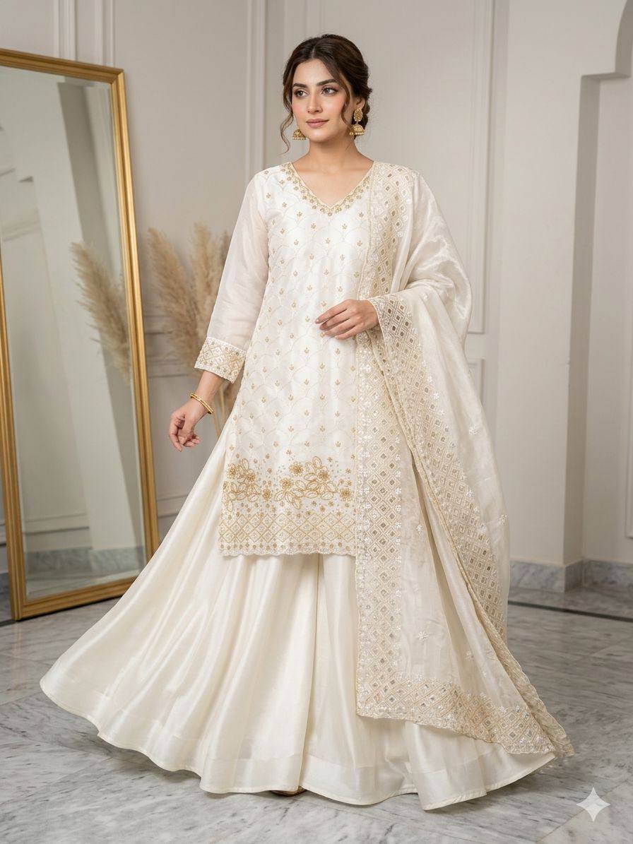 Fendy Embroidered Kurti Palazzo Set with Dupatta