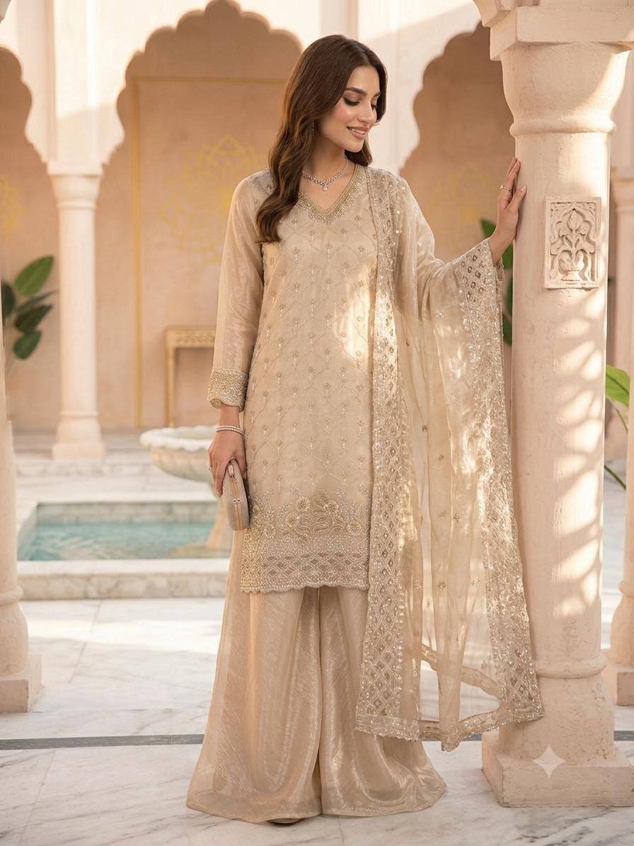 Fendy Embroidered Kurti Palazzo Set with Dupatta
