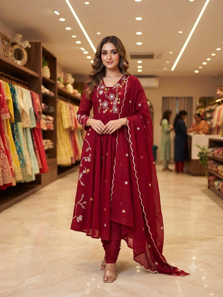Mul Chanderi Embroidered Anarkali Gown with Pant & Dupatta