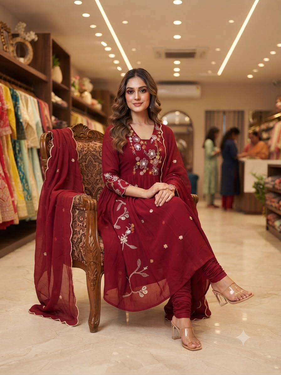 Mul Chanderi Embroidered Anarkali Gown with Pant & Dupatta