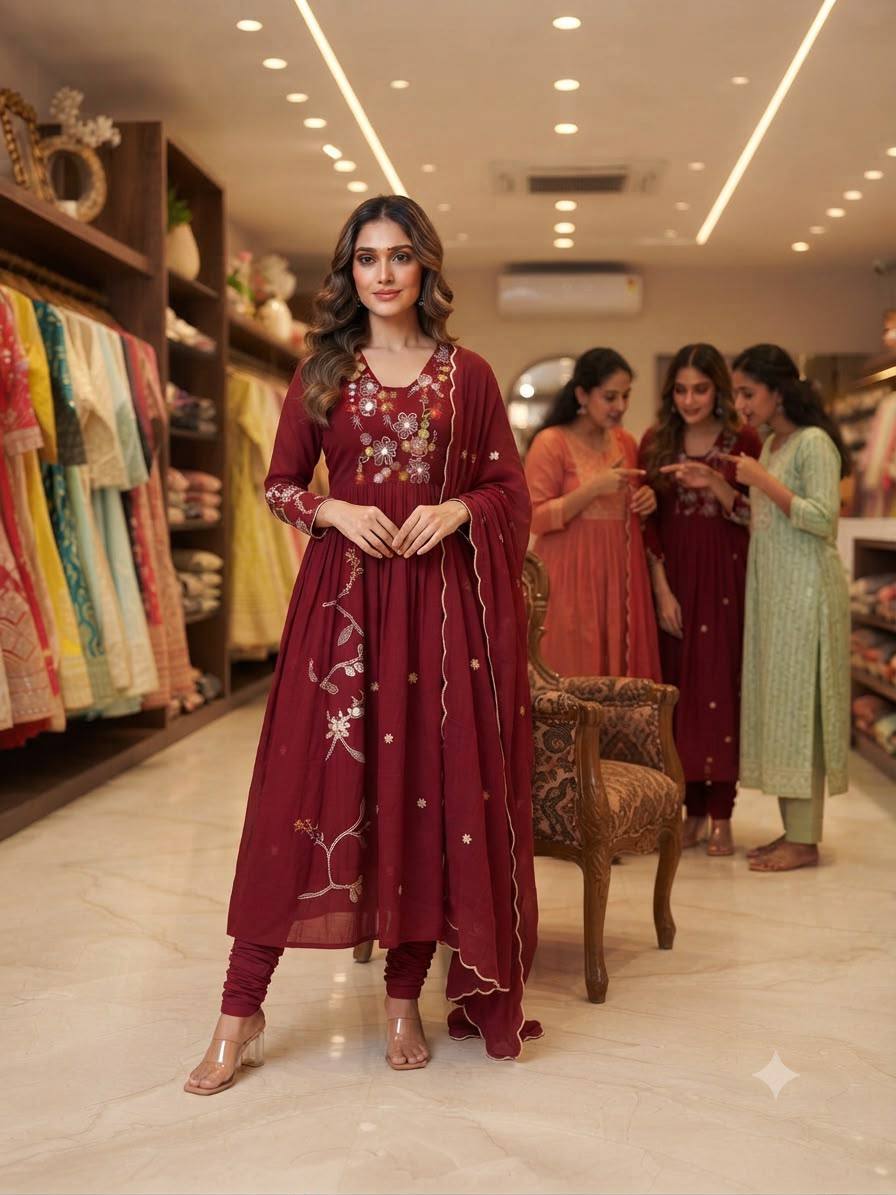 Mul Chanderi Embroidered Anarkali Gown with Pant & Dupatta