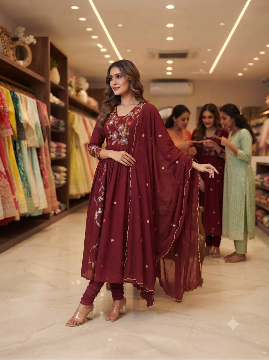 Mul Chanderi Embroidered Anarkali Gown with Pant & Dupatta
