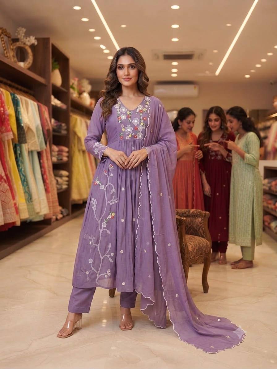 Mul Chanderi Embroidered Anarkali Gown with Pant & Dupatta