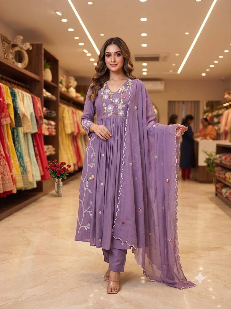 Mul Chanderi Embroidered Anarkali Gown with Pant & Dupatta