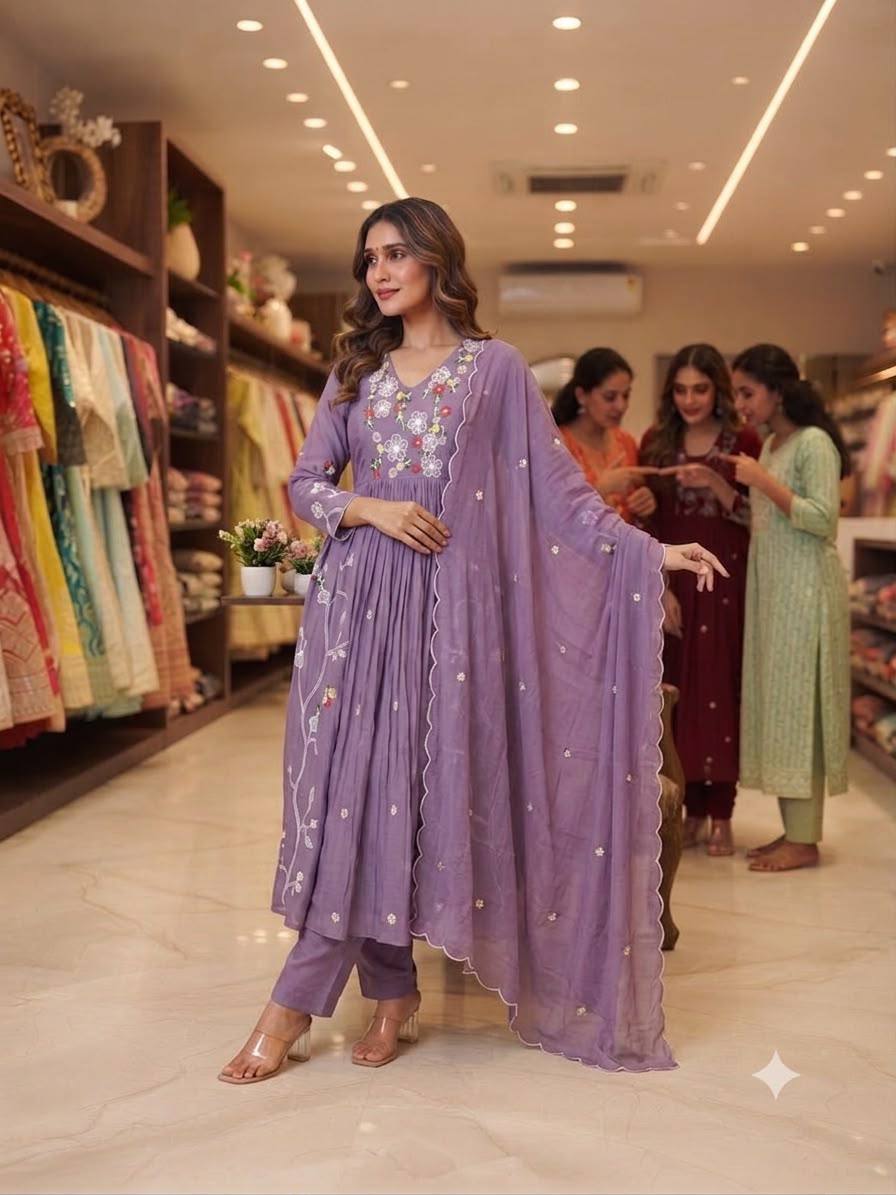 Mul Chanderi Embroidered Anarkali Gown with Pant & Dupatta
