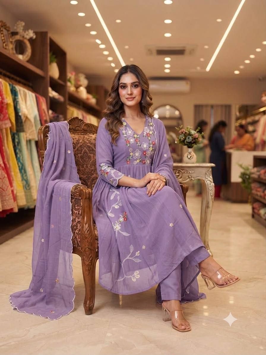 Mul Chanderi Embroidered Anarkali Gown with Pant & Dupatta