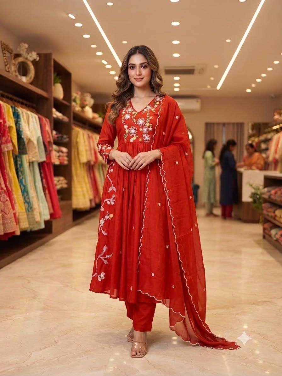 Mul Chanderi Embroidered Anarkali Gown with Pant & Dupatta
