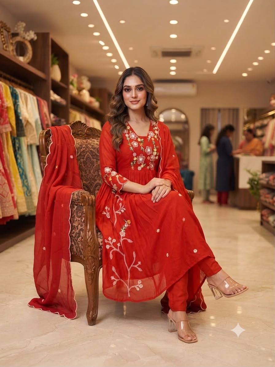 Mul Chanderi Embroidered Anarkali Gown with Pant & Dupatta