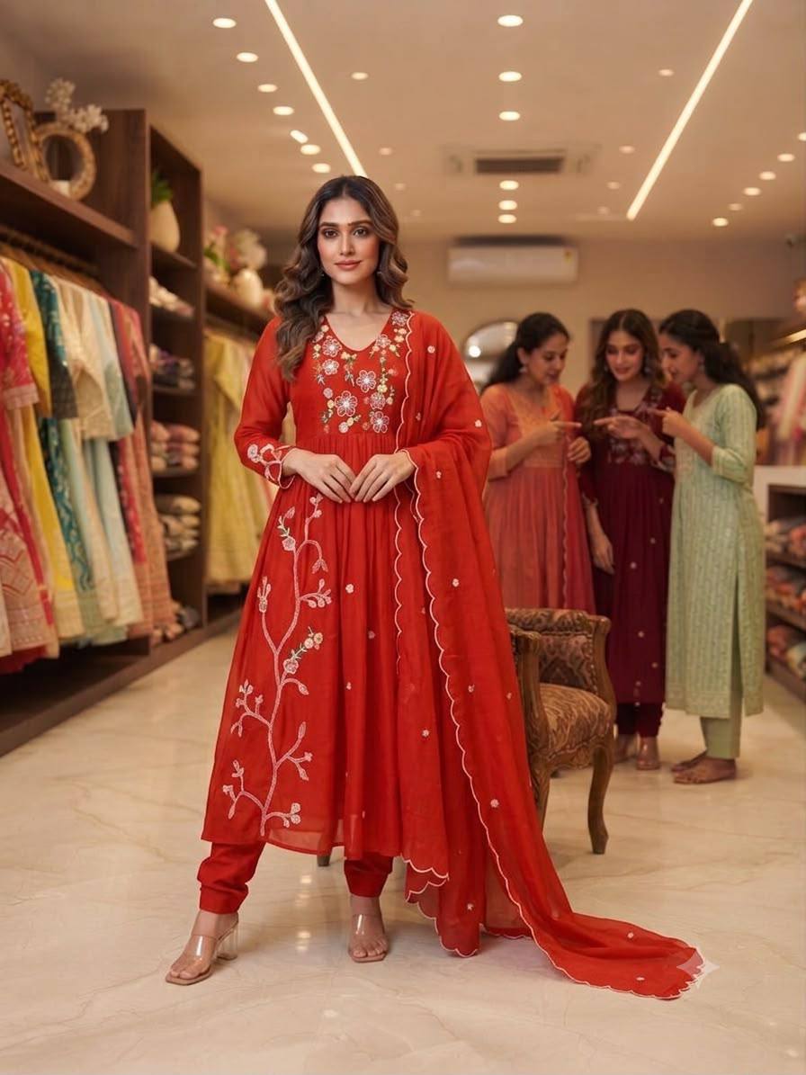 Mul Chanderi Embroidered Anarkali Gown with Pant & Dupatta