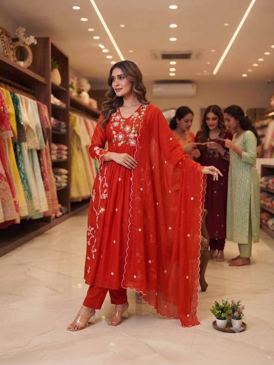 Mul Chanderi Embroidered Anarkali Gown with Pant & Dupatta