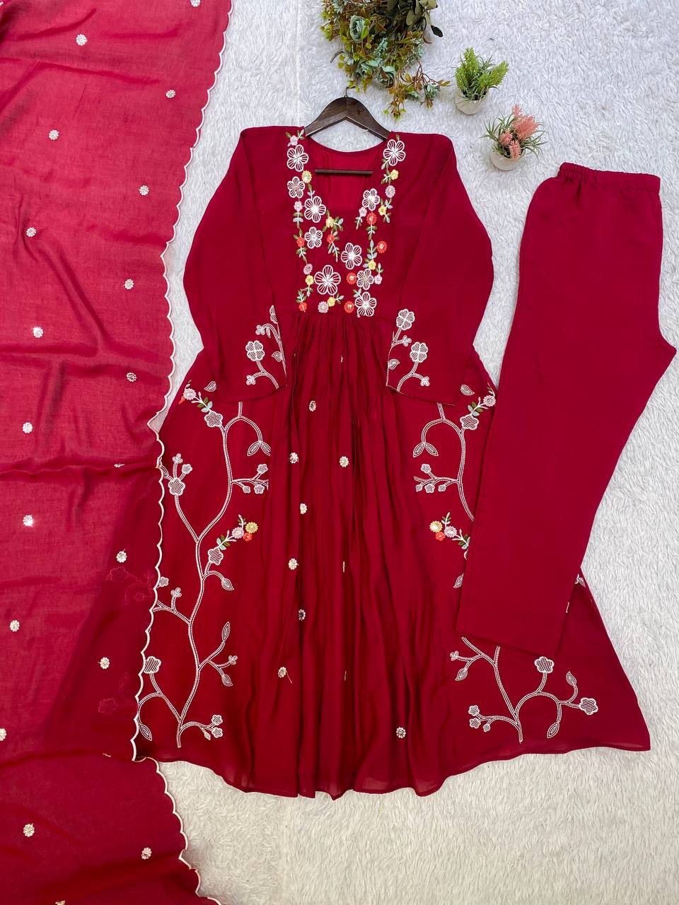 Mul Chanderi Embroidered Anarkali Gown with Pant & Dupatta