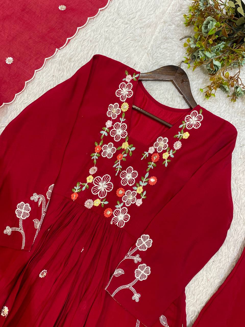 Mul Chanderi Embroidered Anarkali Gown with Pant & Dupatta