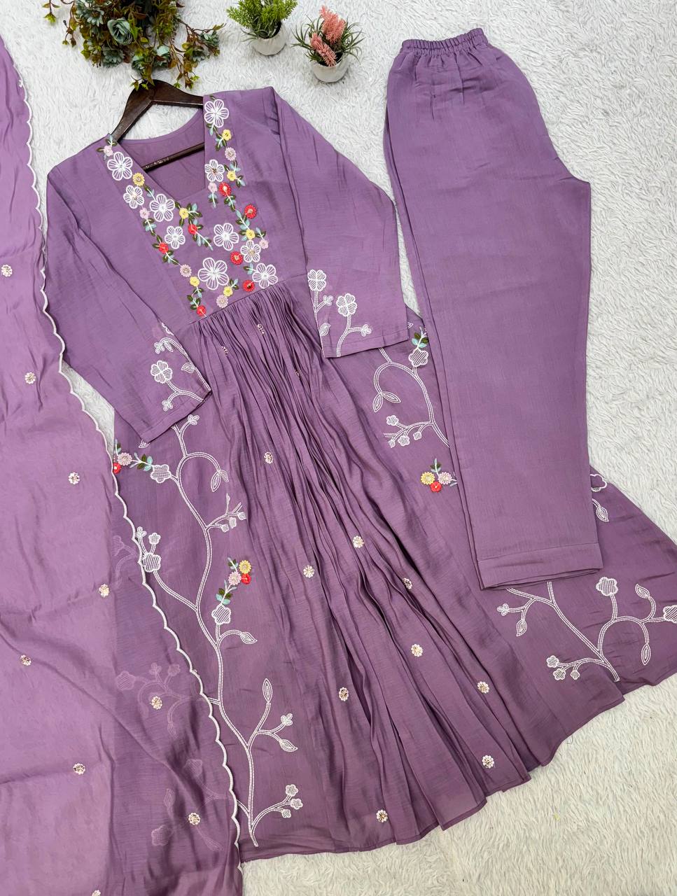 Mul Chanderi Embroidered Anarkali Gown with Pant & Dupatta