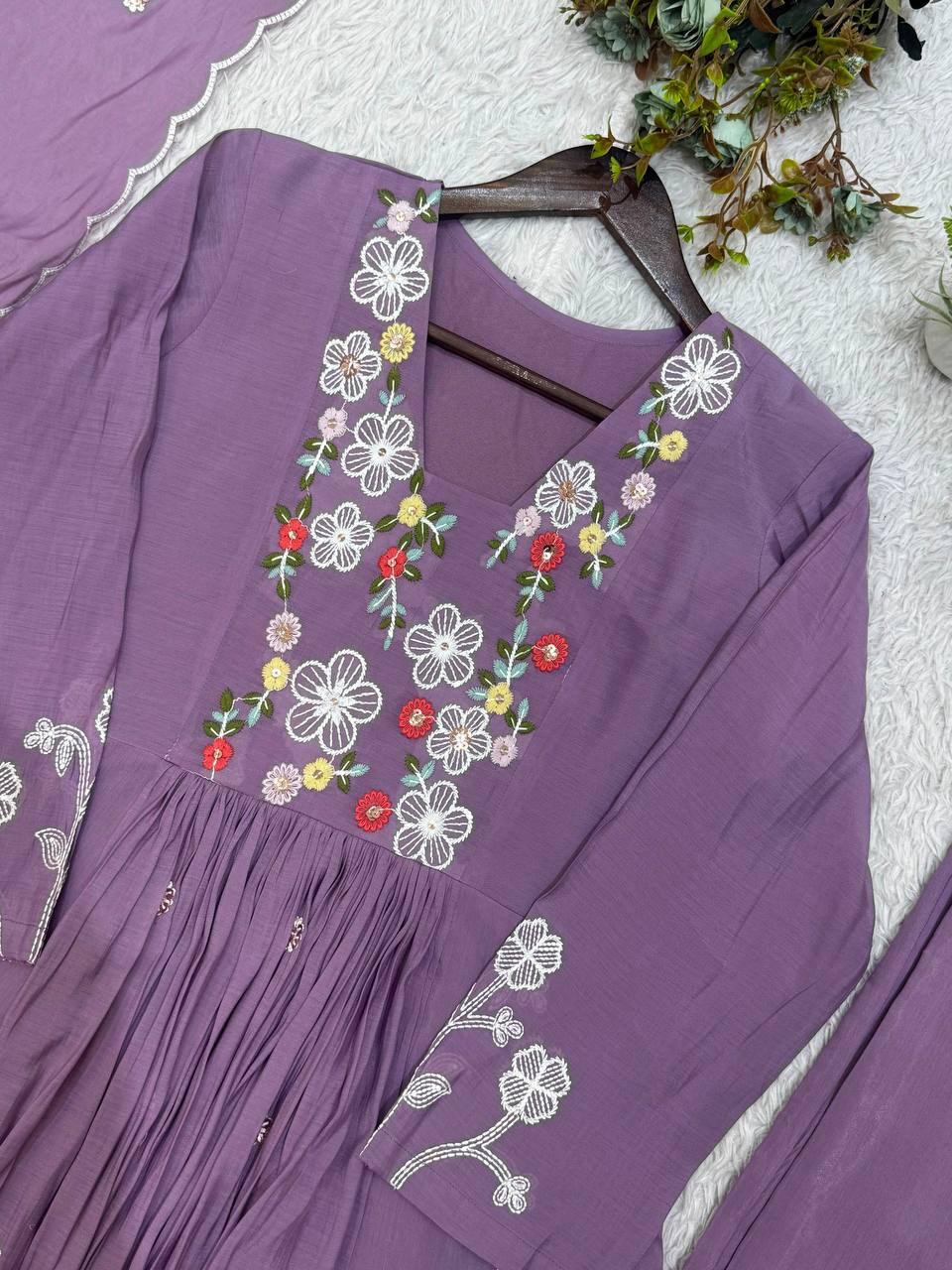Mul Chanderi Embroidered Anarkali Gown with Pant & Dupatta