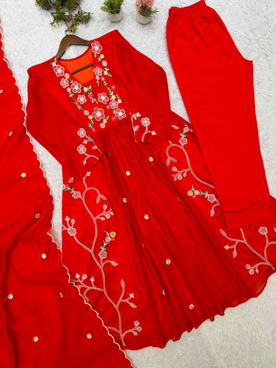Mul Chanderi Embroidered Anarkali Gown with Pant & Dupatta
