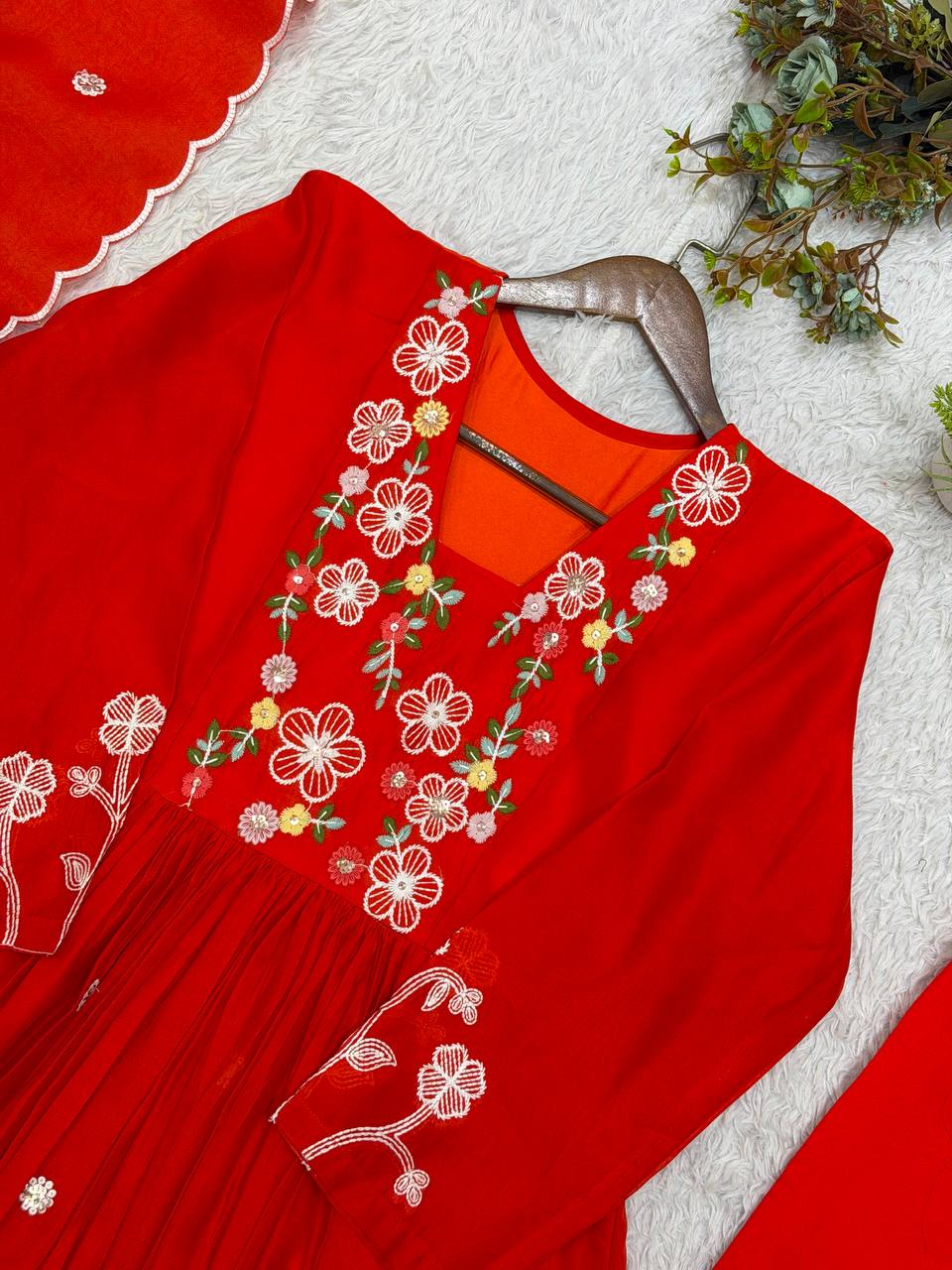 Mul Chanderi Embroidered Anarkali Gown with Pant & Dupatta