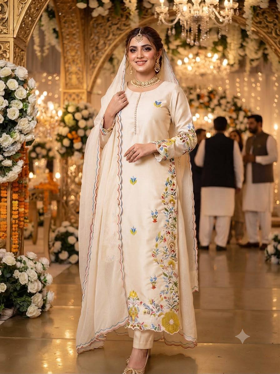 Pakistani Embroidered Suit Set with Organza Dupatta