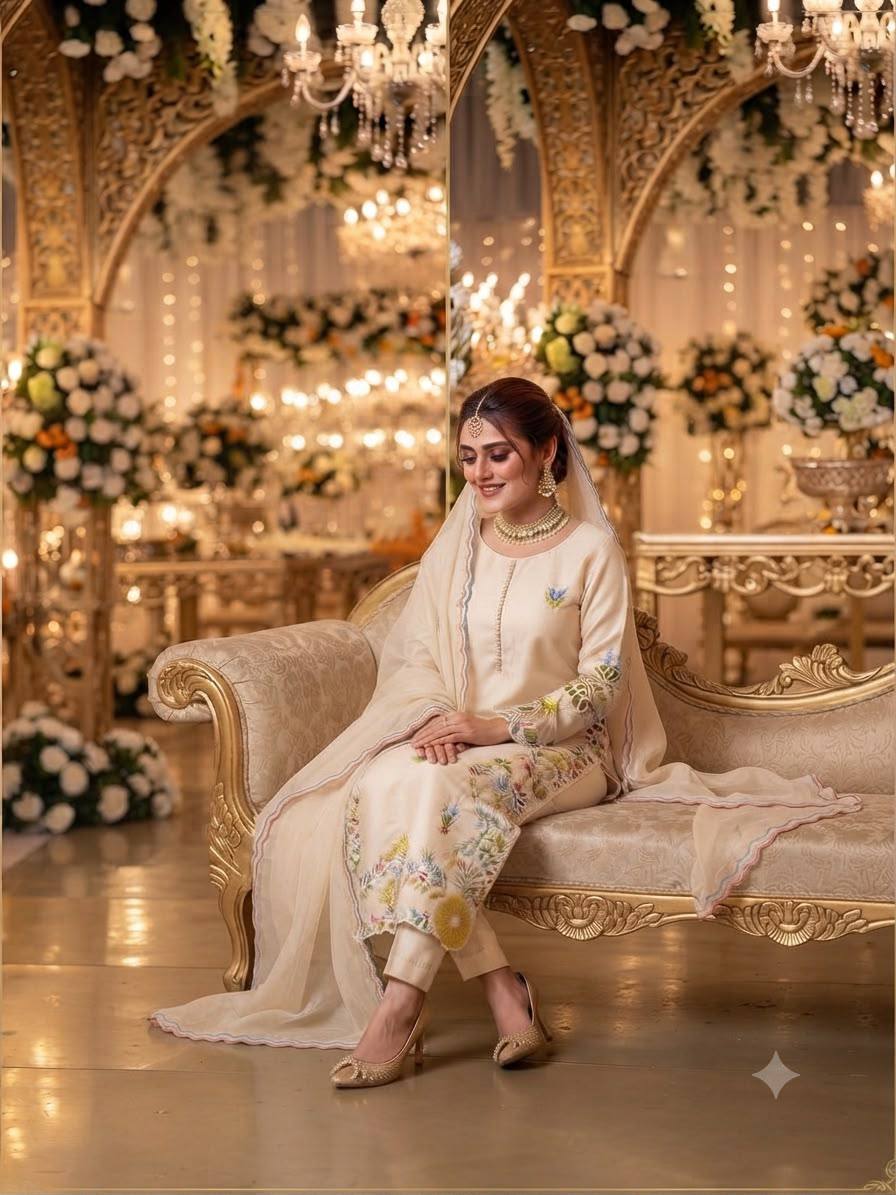 Pakistani Embroidered Suit Set with Organza Dupatta