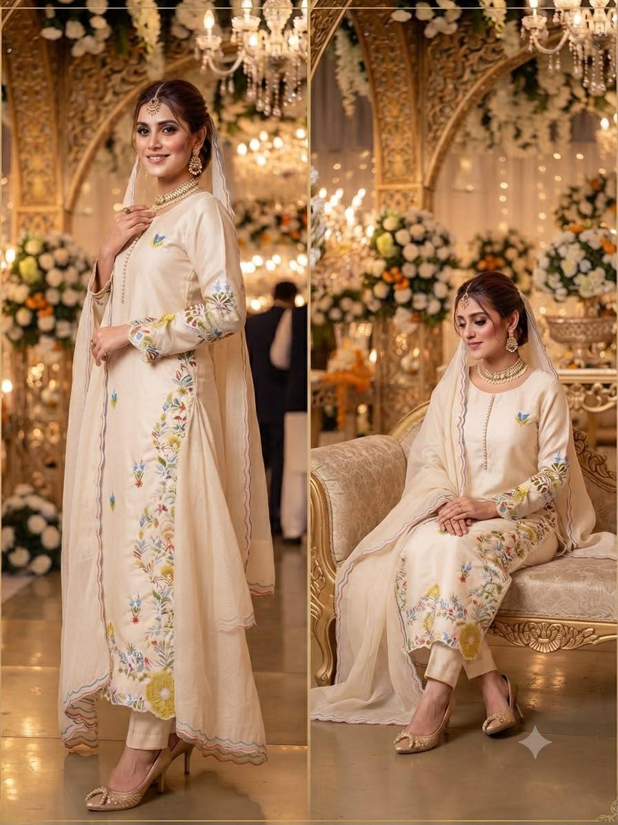Pakistani Embroidered Suit Set with Organza Dupatta