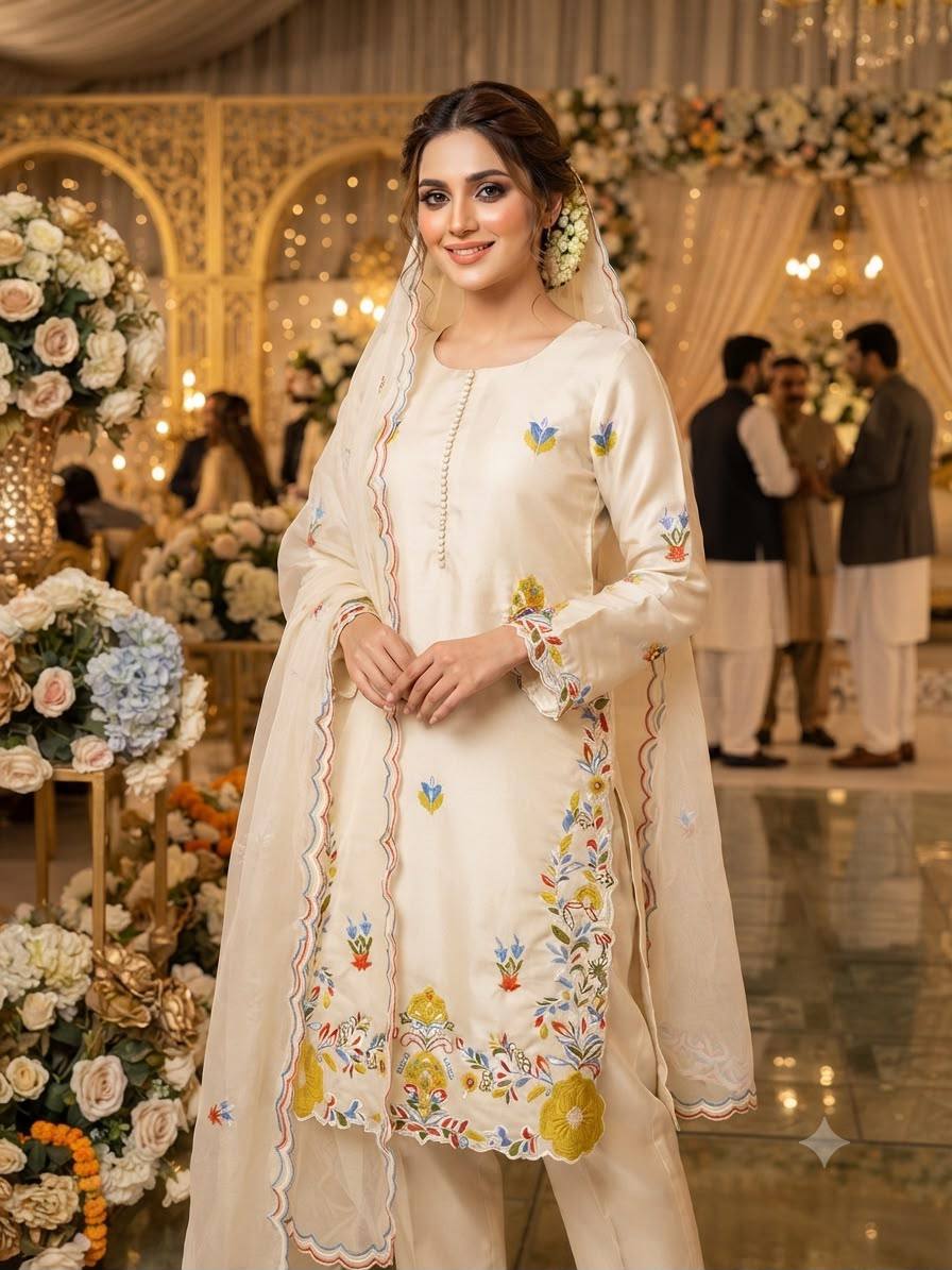 Pakistani Embroidered Suit Set with Organza Dupatta