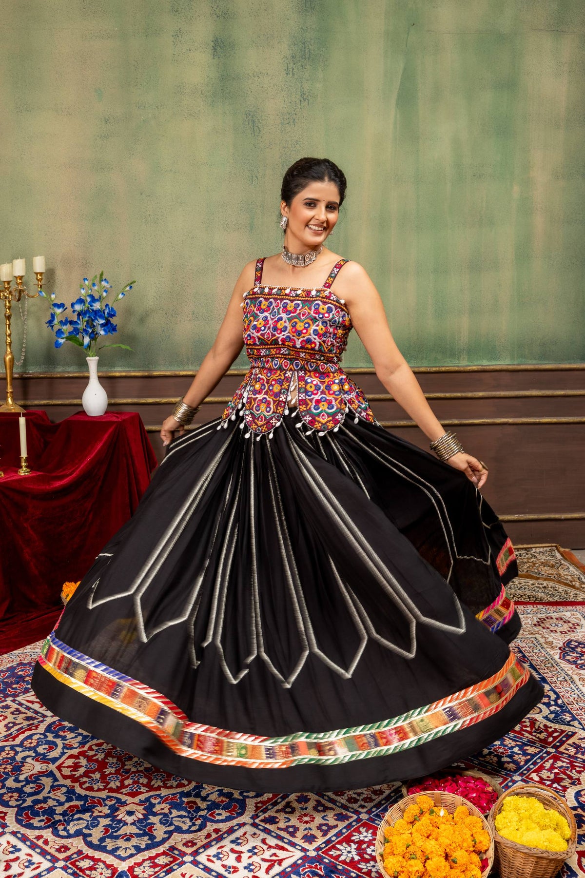 Black Navratri Chaniya Choli with Kutchi Mirror Embroidery