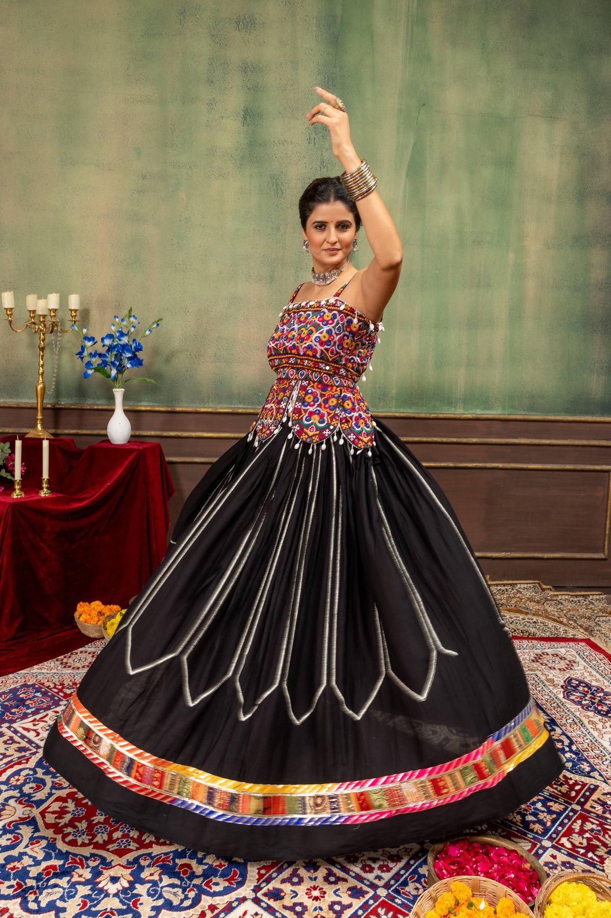 Black Navratri Chaniya Choli with Kutchi Mirror Embroidery