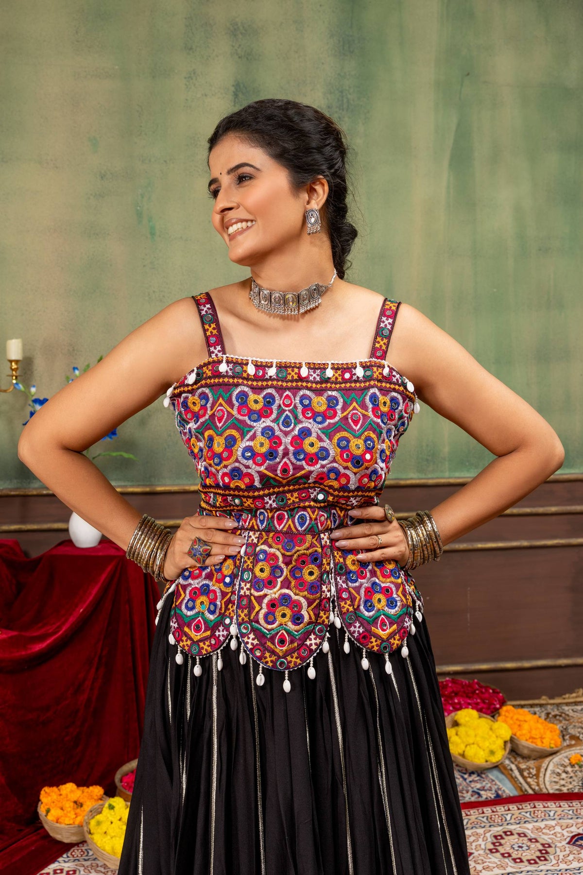 Black Navratri Chaniya Choli with Kutchi Mirror Embroidery