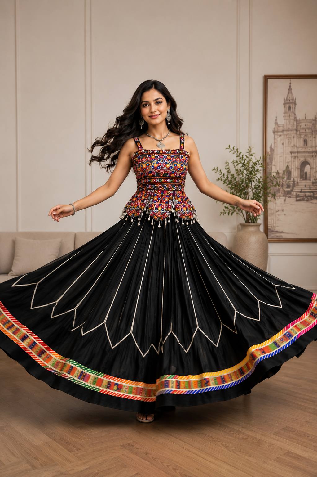 Black Navratri Chaniya Choli with Kutchi Mirror Embroidery