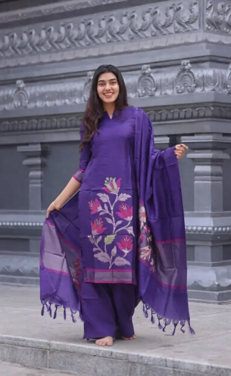 Women's Blended Silk Kurta Pant Dupatta Set with Zari Work
