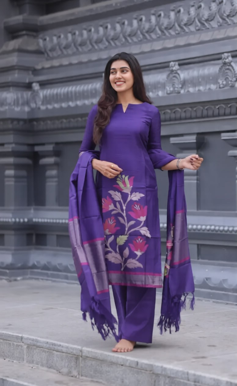 Women's Blended Silk Kurta Pant Dupatta Set with Zari Work