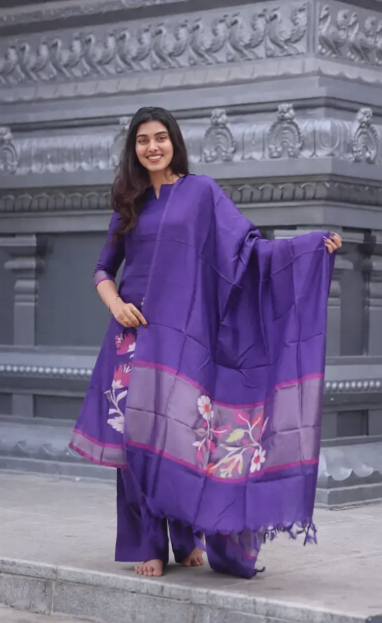 Women's Blended Silk Kurta Pant Dupatta Set with Zari Work