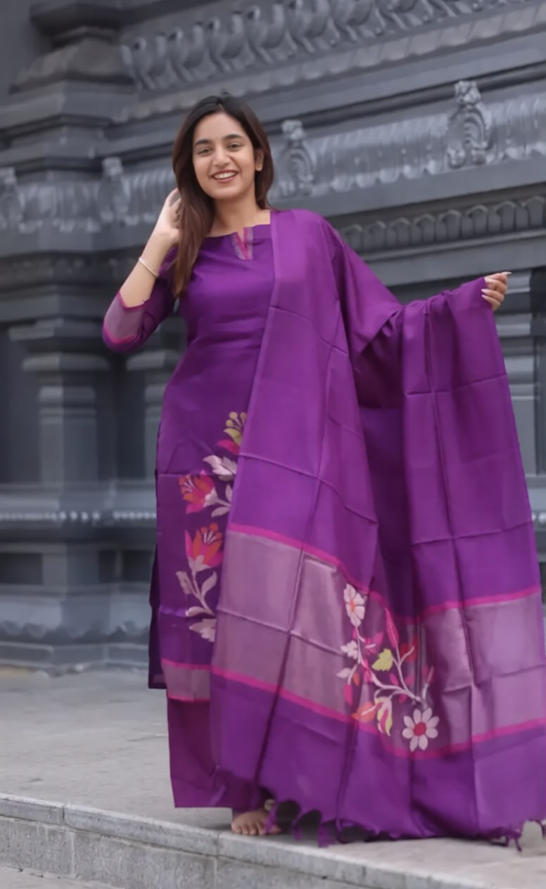 Women's Blended Silk Kurta Pant Dupatta Set with Zari Work