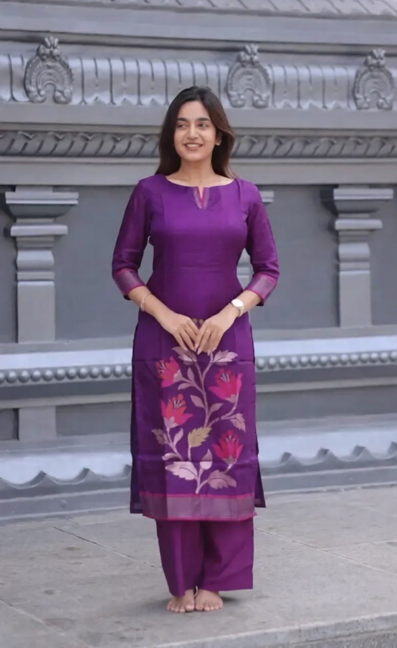 Women's Blended Silk Kurta Pant Dupatta Set with Zari Work