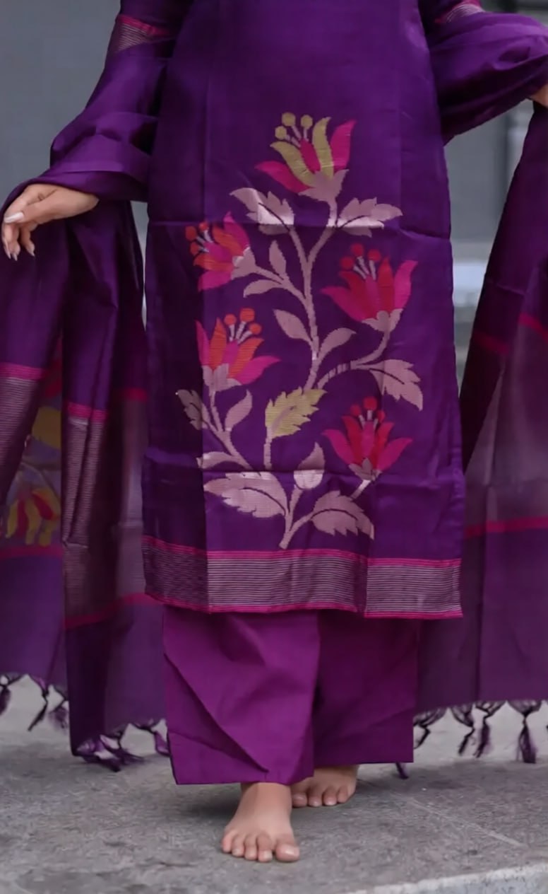 Women's Blended Silk Kurta Pant Dupatta Set with Zari Work
