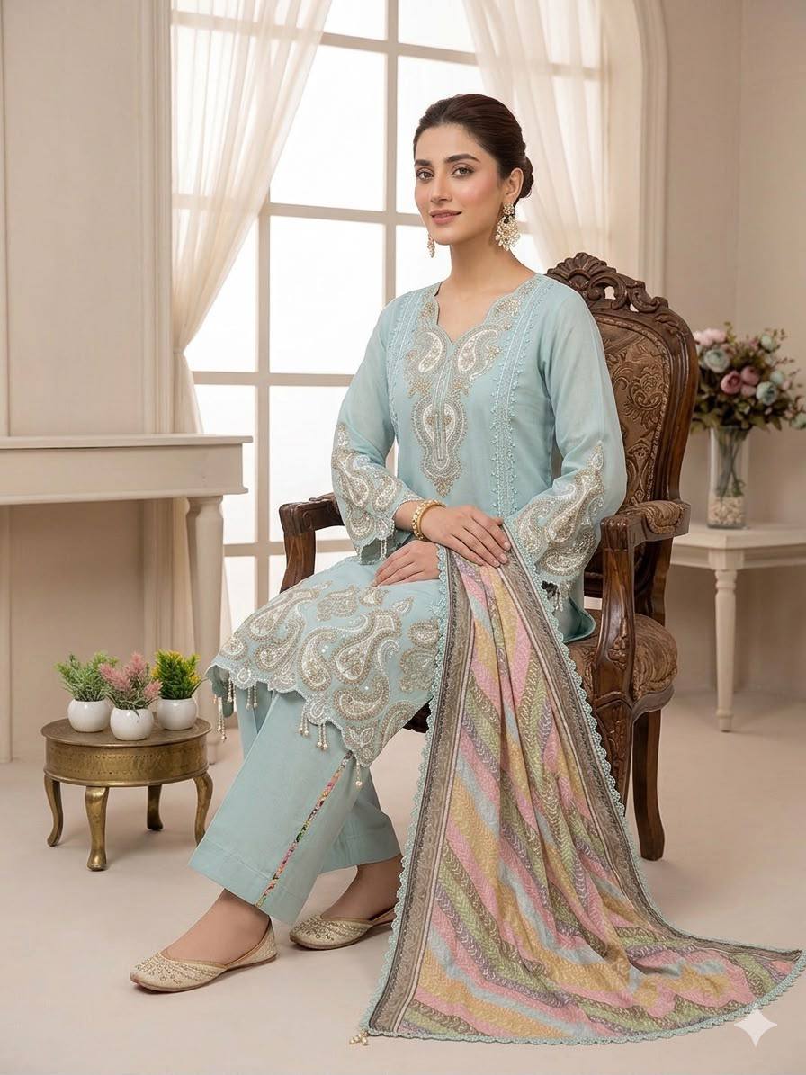 Elegant Embroidered 3 Piece Suit