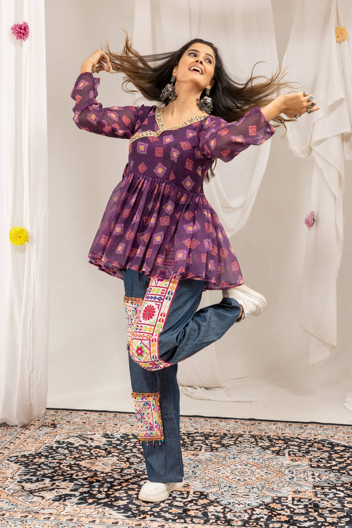 Purple Peplum Top Denim Palazzo Pants