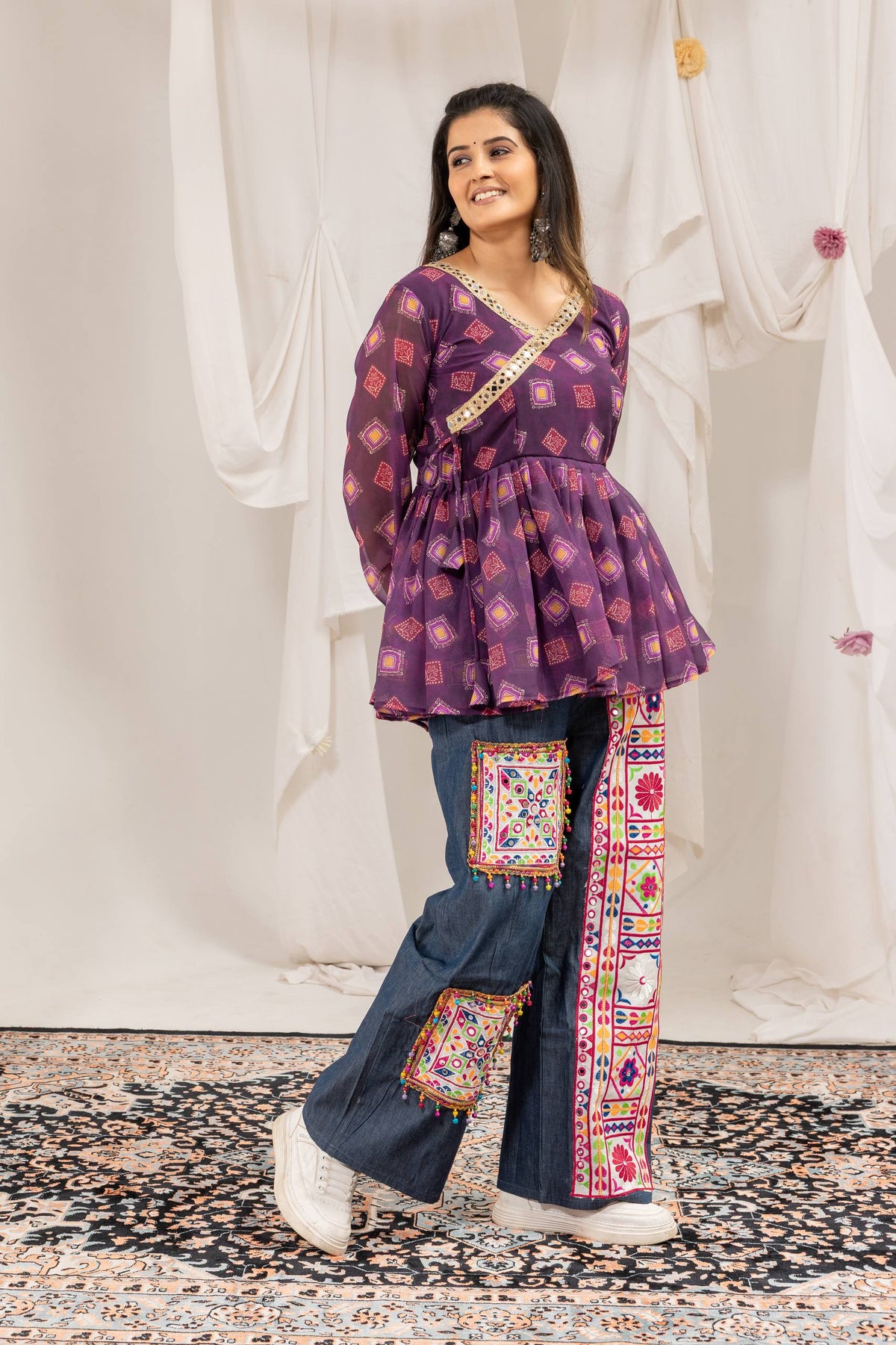 Purple Peplum Top Denim Palazzo Pants