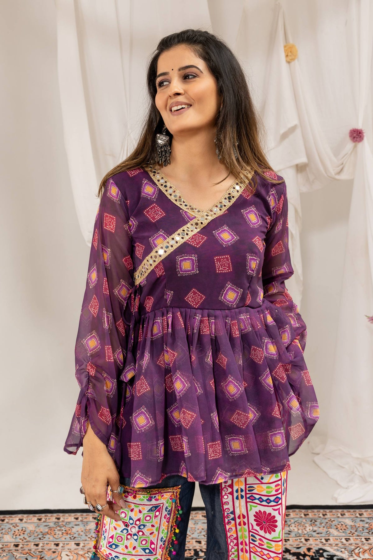 Purple Peplum Top Denim Palazzo Pants