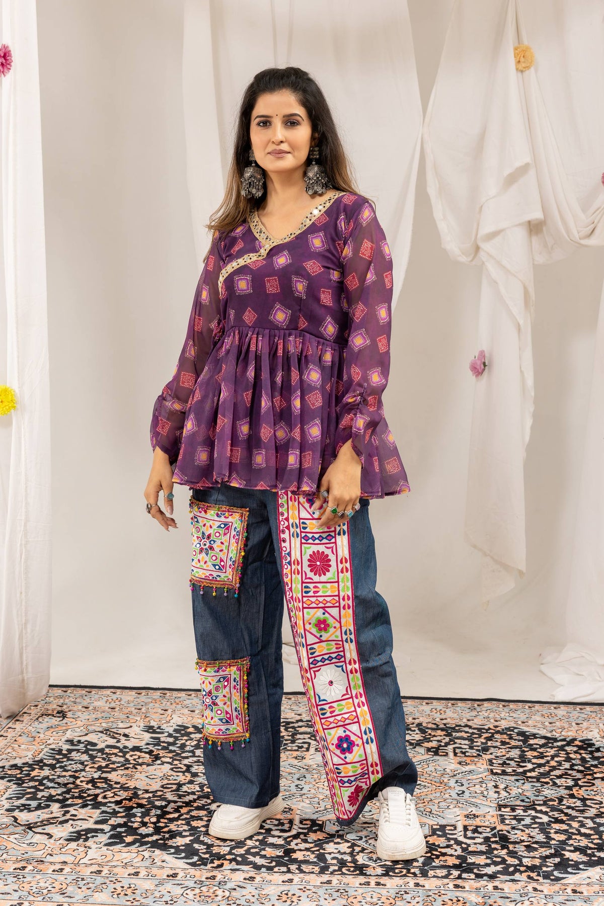 Purple Peplum Top Denim Palazzo Pants