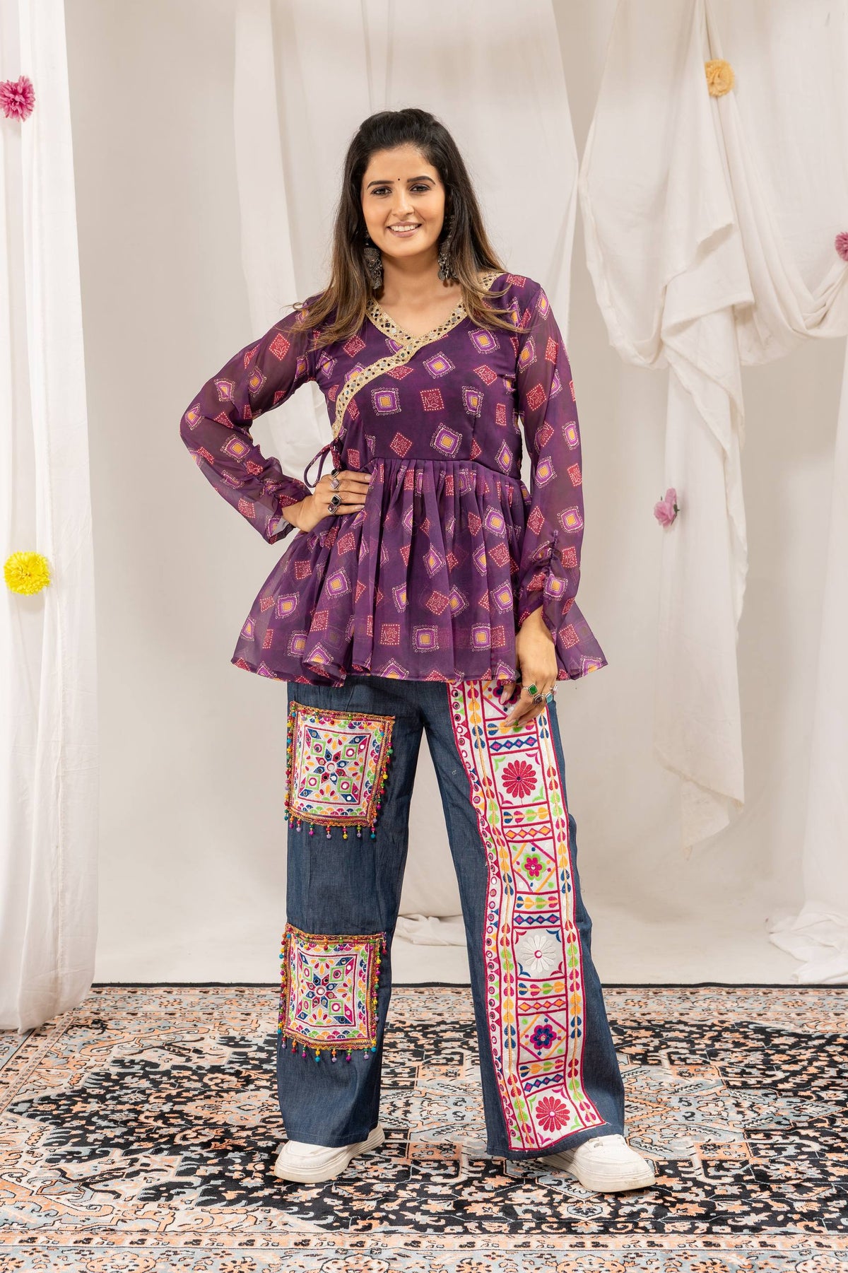 Purple Peplum Top Denim Palazzo Pants