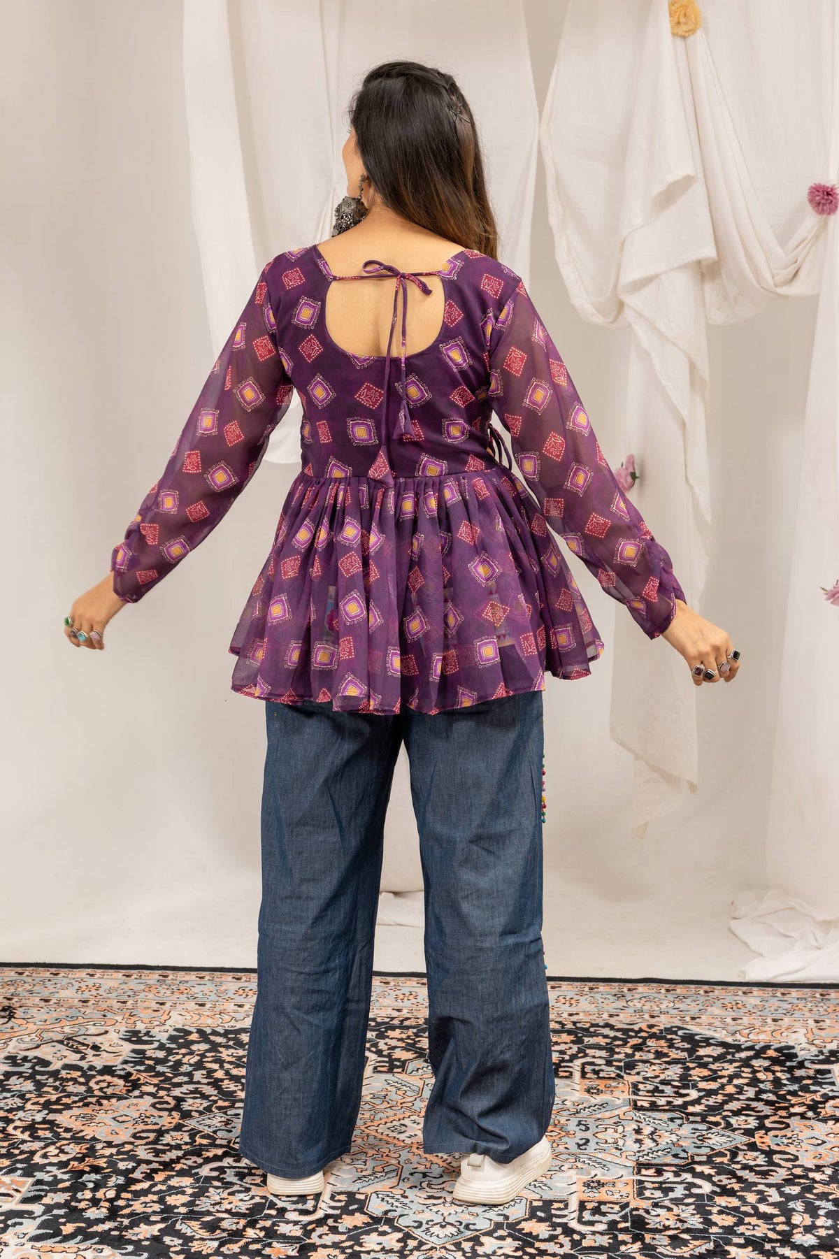 Purple Peplum Top Denim Palazzo Pants