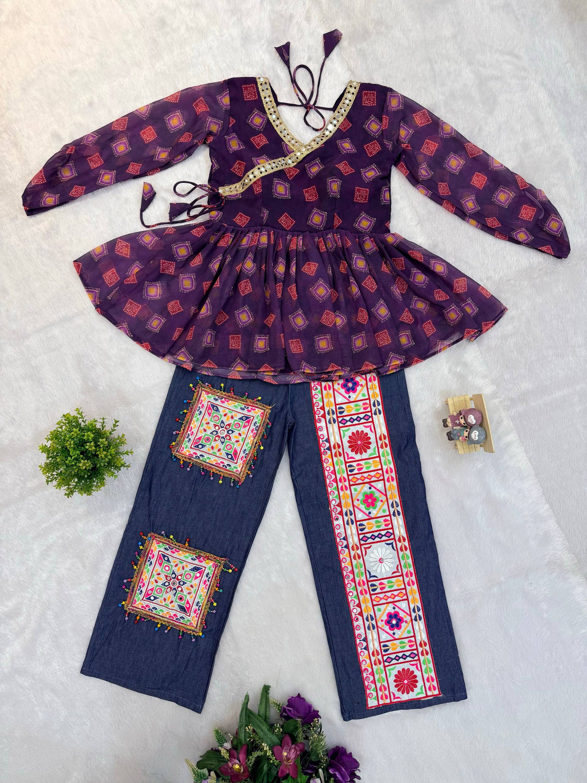 Purple Peplum Top Denim Palazzo Pants