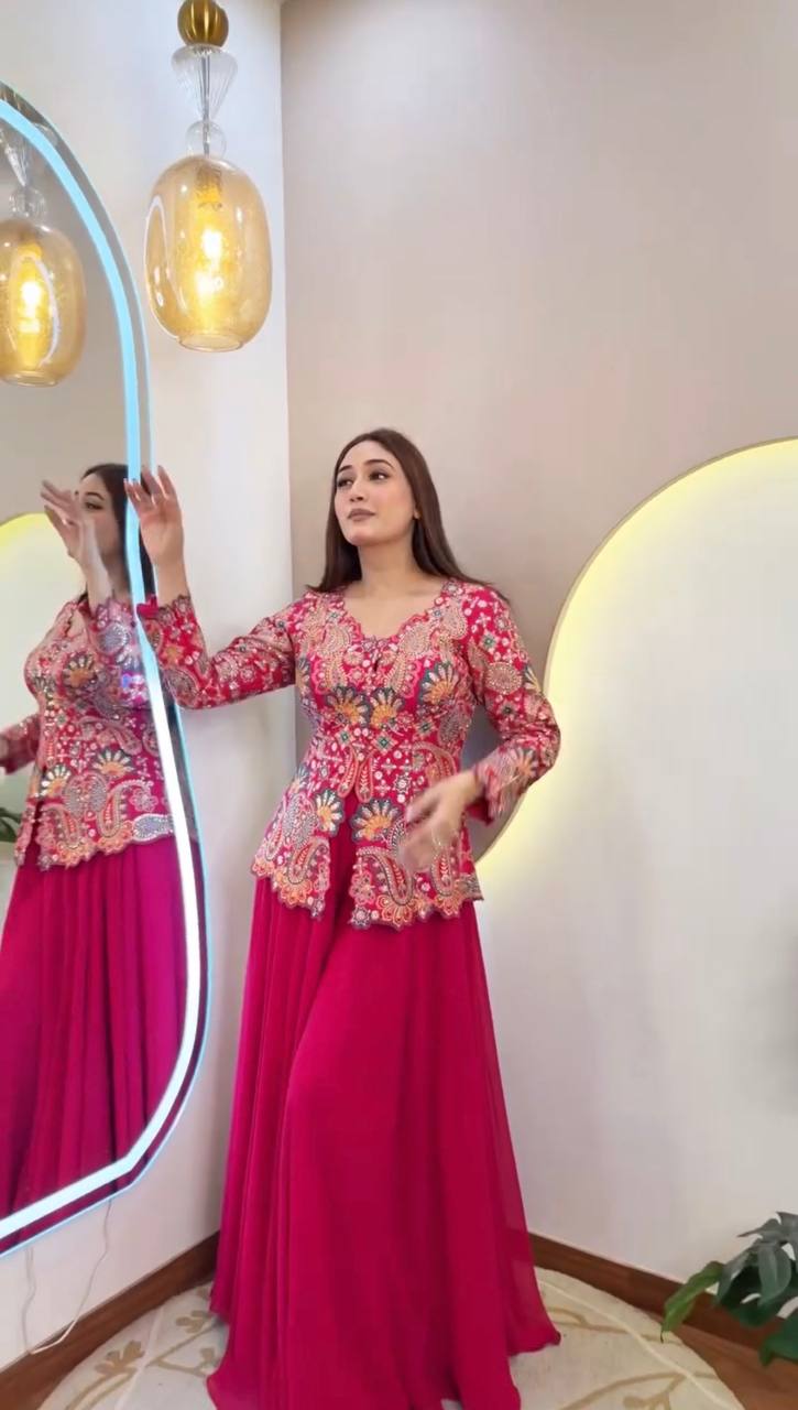 Georgette Embroidered Top Palazzo Set